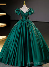 Dark Green Satin Ball Gown Sweet 16 Dress, Green Long Formal Dress Party Dress